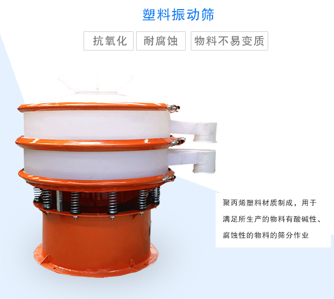 塑料振動(dòng)篩是采用聚丙烯材料制成的，可以用于酸堿性，腐蝕性物料的篩分作業(yè)